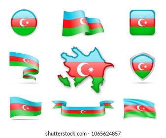 Azerbaijan Flags Collection. Flags and contour map. Vector illustration