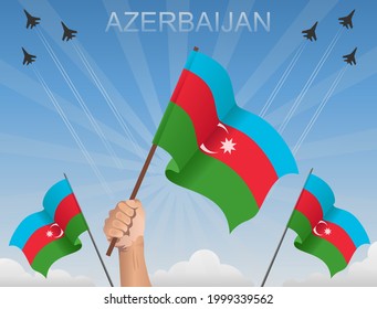 Banderas de Azerbaiyán vuelan bajo el cielo azul