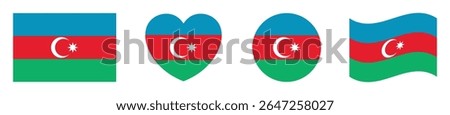 Azerbaijan flags set in square, heart, circle and waving formats designs element. Azerbaijan flags collection. Set of Azerbaijan flags icons isolated on white background. Vector illustration.