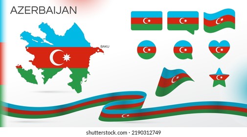 Azerbaijan flags set. Various designs. Map and capital city. World flags. Vector set. Circle icon. Template for independence day. Collection of national symbols. Ribbon with colors of the flag.