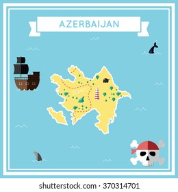 Azerbaijan flat treasure map. Colorful cartoon treasure map of Azerbaijan with flat icons of pirate ship, jolly roger, treasure chest and banner ribbon. Flat design vector illustration.