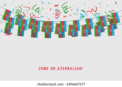 Azerbaijan garland flag with confetti on white background, Hang bunting for Azerbaijan celebration template banner.