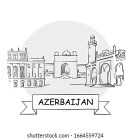 Azerbaijan Hand-Drawn Urban Vector Sign. Black Line Art Illustration with Ribbon and Title.