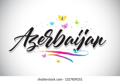Azerbaijan Handwritten Word Text with Butterflies and Colorful Swoosh Vector Illustration Design.