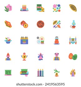Azerbaijan holiday novruz elements collection, flat icons set, Colorful symbols pack contains - semeni, shekerbura, pakhlava, khoncha tray, bonfire. Vector illustration. Flat style design svg