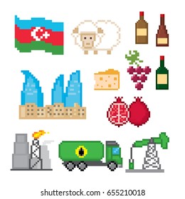 Azerbaijan icons set. Pixel art. Old school computer graphic style. Games elements.