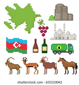 Azerbaijan icons set. Pixel art. Old school computer graphic style. Games elements.