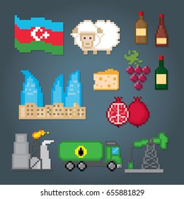 Azerbaijan icons set. Pixel art. Old school computer graphic style. Games elements.