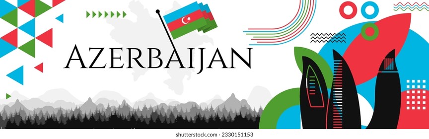 The Azerbaijan Independence Day abstract banner design with flag and map. Flag color theme geometric pattern retro modern Illustration design. blue, red and green color template.