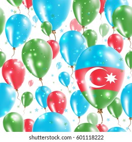 Azerbaijan Independence Day Seamless Pattern. Flying Rubber Balloons in Colors of the Azerbaijani Flag. Happy Azerbaijan Day Patriotic Card with Balloons, Stars and Sparkles.