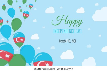 Azerbaijan Independence Day Sparkling Patriotic Poster. Row of Balloons in Colors of the Azerbaijani Flag. Greeting Card with National Flags, Blue Skyes and Clouds.