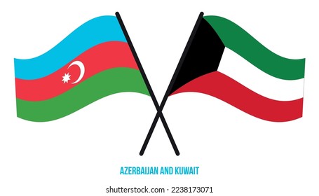 Banderas de Azerbaiyán y Kuwait Cruzadas y ondeando estilo plano. Proporción oficial. Colores correctos.