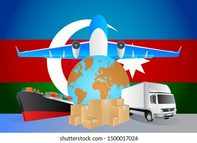 Azerbaijan logistics concept illustration. National flag of Azerbaijan from the back of globe, airplane, truck and cargo container ship
