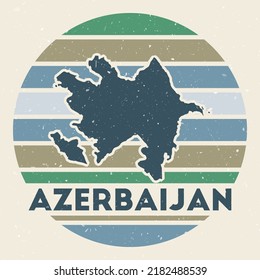 Azerbaijan logo. Sign with the map of the country and colored stripes, vector illustration. Can be used as insignia, logotype, label, sticker, or badge of Azerbaijan.