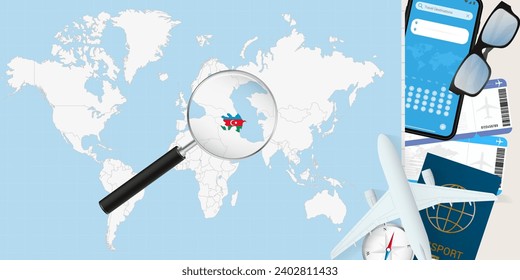 Azerbaijan is magnified over a World Map, illustration with airplane, passport, boarding pass, compass and eyeglasses. Vector illustration.