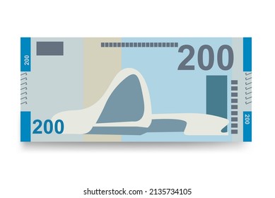 Azerbaijan Manat Vector Illustration. Azerbaijani money set bundle banknotes. Paper money 200 AZN. Flat style. Isolated on white background. Simple minimal design.