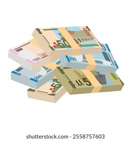 Azerbaijan Manat Vector Illustration. Azerbaijani money set bundle banknotes. Paper money 50, 100, 200, 500 AZN. Flat style. Isolated on white background. Simple minimal design.