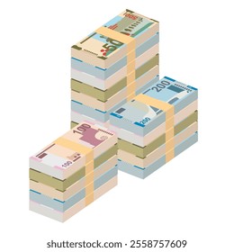 Azerbaijan Manat Vector Illustration. Azerbaijani money set bundle banknotes. Paper money 50, 100, 200, 500 AZN. Flat style. Isolated on white background. Simple minimal design.