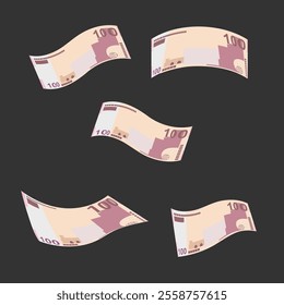 Azerbaijan Manat Vector Illustration. Azerbaijani money set bundle banknotes. Falling, flying money 100 AZN. Flat style. Isolated on white background. Simple minimal design.