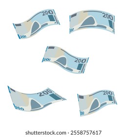 Azerbaijan Manat Vector Illustration. Azerbaijani money set bundle banknotes.  Falling, flying money 200 AZN. Flat style. Isolated on white background. Simple minimal design.