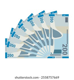 Azerbaijan Manat Vector Illustration. Azerbaijani money set bundle banknotes. Paper money 200 AZN. Flat style. Isolated on white background. Simple minimal design.