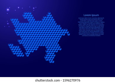 Azerbaijan map from 3D classic blue color cubes isometric abstract concept, square pattern, angular geometric shape, glowing stars. Vector illustration.