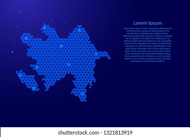 Azerbaijan map abstract schematic from blue triangles repeating pattern geometric background with nodes and space stars for banner, poster, greeting card. Vector illustration.