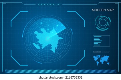 Azerbaijan map of blue digital frame technology radar vector HUD, GUI, UI interface.