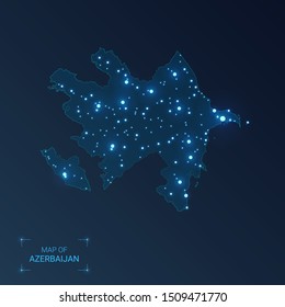 Azerbaijan map with cities. Luminous dots - neon lights on dark background. Vector illustration. 