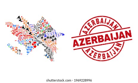 Azerbaijan map collage and dirty Azerbaijan red round stamp print. Azerbaijan stamp uses vector lines and arcs. Azerbaijan map collage contains gears, homes, screwdrivers, bugs, hands,