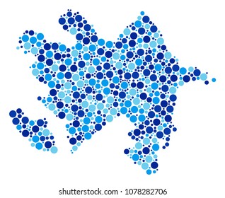 Azerbaijan Map collage of dots in various sizes and blue color tinges. Random filled circles are combined into Azerbaijan Map illustration. Vector geography blue map vector illustration.