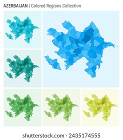 Azerbaijan map collection. Country shape with colored regions. Light Blue, Cyan, Teal, Green, Light Green, Lime color palettes. Border of Azerbaijan with provinces for your infographic.