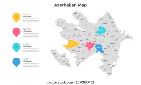 Azerbaijan map divided into federal states. Territory of country with regional borders. Azerbaijani administrative division. Infographic design template. Vector illustration for touristic guide,banner