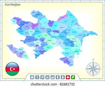 Mapa de Azerbaiyán con botones de bandera y asistencia y activa iconos Ilustración original