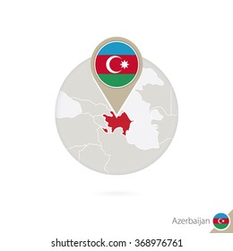 Azerbaijan map and flag in circle. Map of Azerbaijan, Azerbaijan flag pin. Map of Azerbaijan in the style of the globe. Vector Illustration.