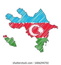 Azerbaijan map hand drawn sketch. Vector concept illustration flag, childrens drawing, scribble map. Country map for infographic, brochures and presentations isolated on white background. Vector