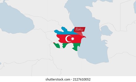 Azerbaijan map highlighted in Azerbaijan flag colors and pin of country capital Baku, map with neighboring European countries.