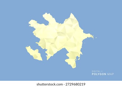 Mapa de Azerbaiyán en estilo de Vector de polígono bajo, ilustración de forma geométrica con tonos amarillos suaves sobre fondo azul, silueta limpia para infografía.