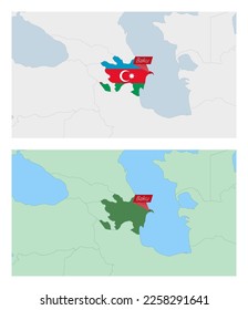 Azerbaijan map with pin of country capital. Two types of Azerbaijan map with neighboring countries. Vector template.