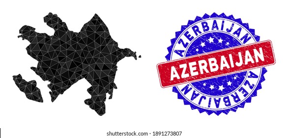 Azerbaijan map polygonal mesh with filled triangles, and scratched bicolor stamp seal. Triangle mosaic Azerbaijan map with mesh vector model, triangles have various sizes, and positions,
