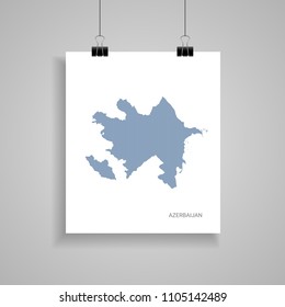 Azerbaijan map poster.  Blue vector map on piece of paper with paper clip, on a gray background. 