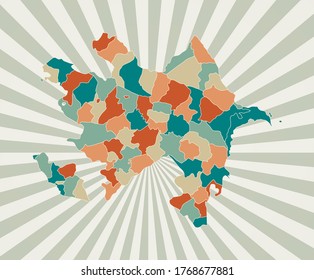 Azerbaijan map. Poster with map of the country in retro color palette. Shape of Azerbaijan with sunburst rays background. Vector illustration.