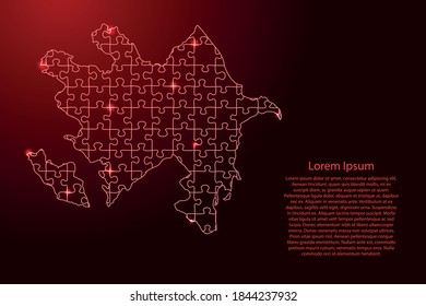 Azerbaijan map from puzzles red line and glowing space stars parts mosaic grid. Vector illustration.