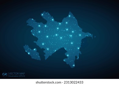 Azerbaijan map radial dotted pattern in futuristic style, design blue circle glowing outline made of stars. concept of communication on dark blue background. Vector EPS10 svg