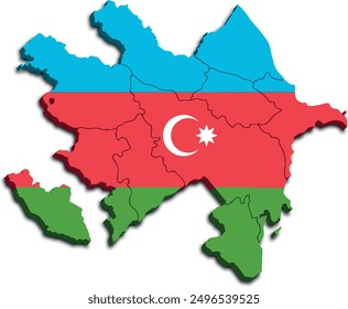 MAPA DE AZERBAIYÁN CON SUS REGIONES Y DIVISIONES POLÍTICAS Y ADMINISTRATIVAS CON BANDERA