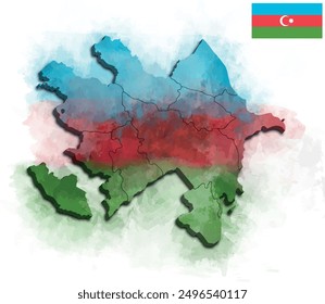 AZERBAIJAN MAP WITH ITS REGIONS AND POLITICAL ADMINISTRATIVE DIVISIONS WITH FLAG WATERCOLOR STYLE