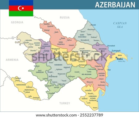 Azerbaijan Map Vector New 2024 Colorful - Customizable layered political map of Azerbaijan with administrative divisions for website, education, reports, news, politics, print, poster and wallpaper