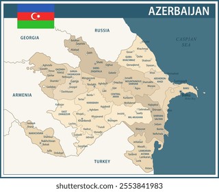 Azerbaijan Map Vector Vintage Dark Blue Beige - Customizable layered political map of Azerbaijan with administrative divisions for website, education, reports, news, politics, print, poster and wallpa