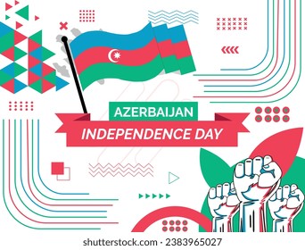AZERBAIJAN national day banner with map, flag colors theme background and geometric abstract retro modern colorfull design with raised hands or fists.