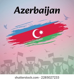 Azerbaijan National Day Celebration. Patriotic Design with Flag, Birds, and Protestors. Perfect for Victory Day, Republic Day, Flag Day. Versatile Vector Illustration for Social Media, Banners, Cards.